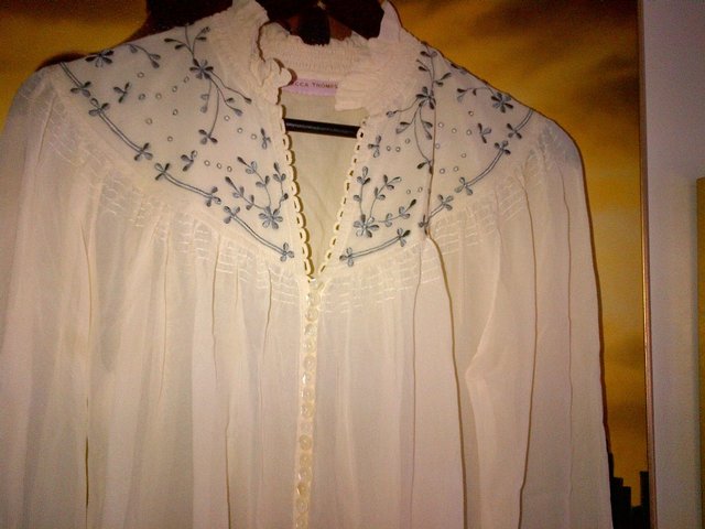 Preview of the first image of Rebecca Thompson silk cream top blouse embroideries Size L.