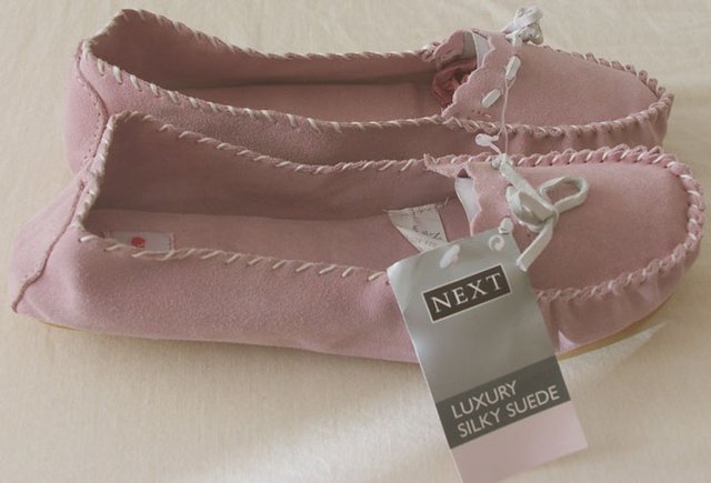 Preview of the first image of BNWT LADIES PINK SUEDE MOCCASSINS BY NEXT.