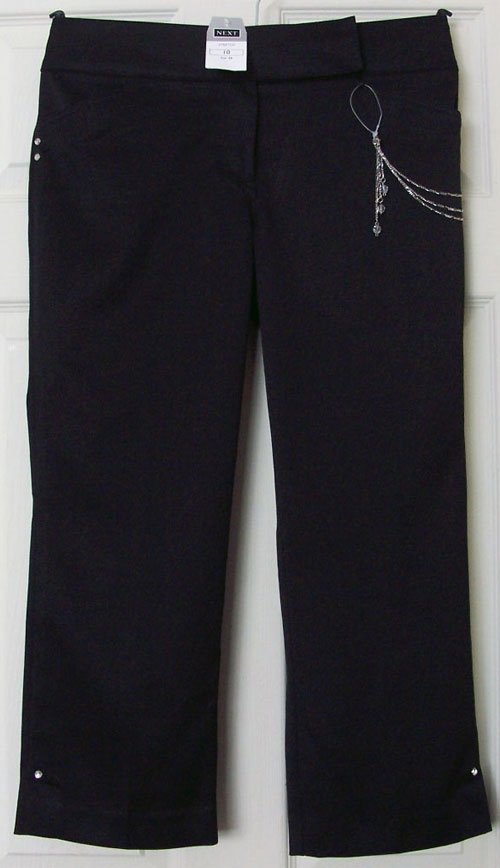 Preview of the first image of BNWT BLACK CROP TROUSERS WITH DIAMANTE DETAIL SZ 10 B10.