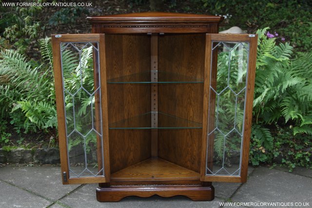 Image 3 of OLD CHARM STYLE OAK CORNER DISPLAY CABINET LAMP PHONE TABLE