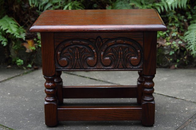 Preview of the first image of OLD CHARM TUDOR OAK CHEST SLIPPER SEWING BOX COFFEE TABLE.