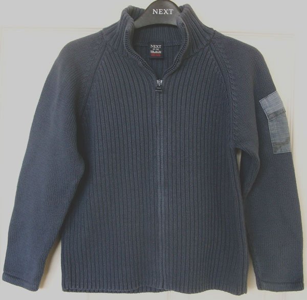 Preview of the first image of BOYS BLUE GREY RIBBED CARDIGAN BY NEXT - AGE 5/6 YRS.