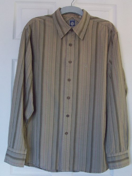 Preview of the first image of MENS BROWN STRIPE LONG SLEEVE SHIRT BY FAT FACE - SZ L  B10.