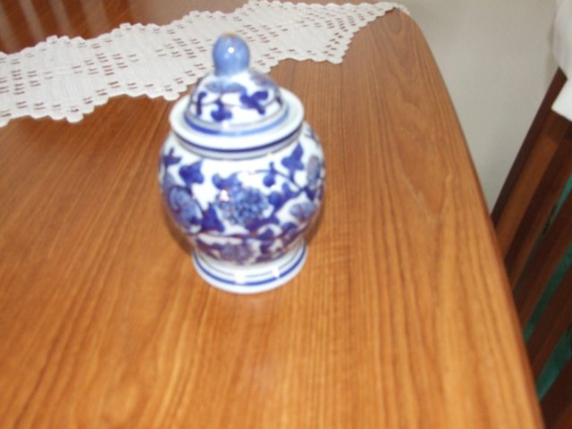 Preview of the first image of Blue,White &Gold Ceramic Jar.