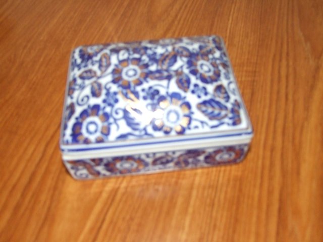 Preview of the first image of Blue, White & Gold Flowered Ceramic Trinket Box.