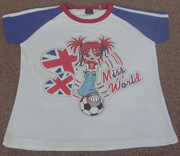 Preview of the first image of GIRLS WHITE & NAVY MISS WORLD T SHIRT AGE 7/8 YRS.