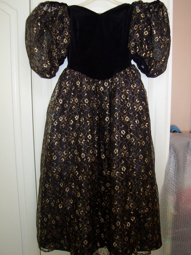 Preview of the first image of Party / Prom dress - black velvet and bronze lace. Size 10.