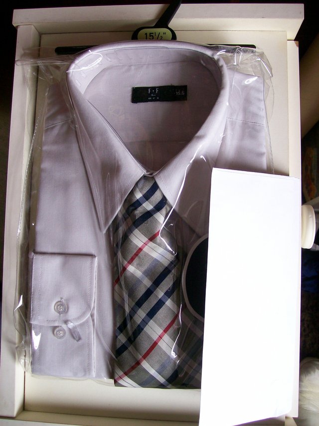 Preview of the first image of New. Khaki / Beige Shirt with Tartan Type Tie .15.5" Collar.