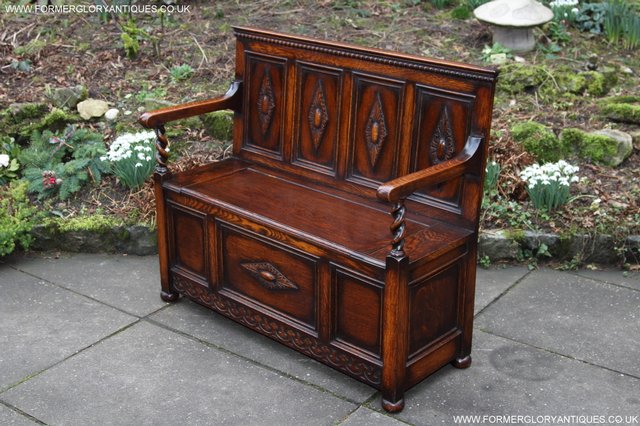 Preview of the first image of OAK SETTLE ARMCHAIR HALL MONKS BENCH PEW BLANKET CHEST TABLE.