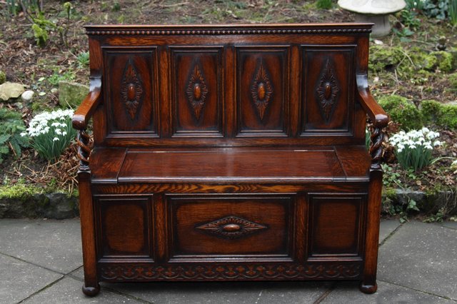 Image 2 of OAK SETTLE ARMCHAIR HALL MONKS BENCH PEW BLANKET CHEST TABLE