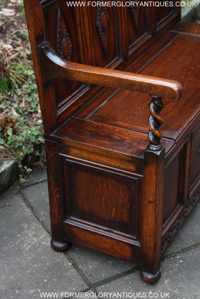 Image 3 of OAK SETTLE ARMCHAIR HALL MONKS BENCH PEW BLANKET CHEST TABLE