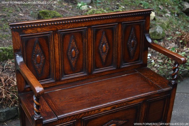 Image 5 of OAK SETTLE ARMCHAIR HALL MONKS BENCH PEW BLANKET CHEST TABLE