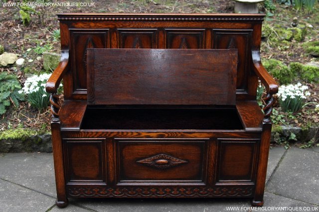 Image 8 of OAK SETTLE ARMCHAIR HALL MONKS BENCH PEW BLANKET CHEST TABLE