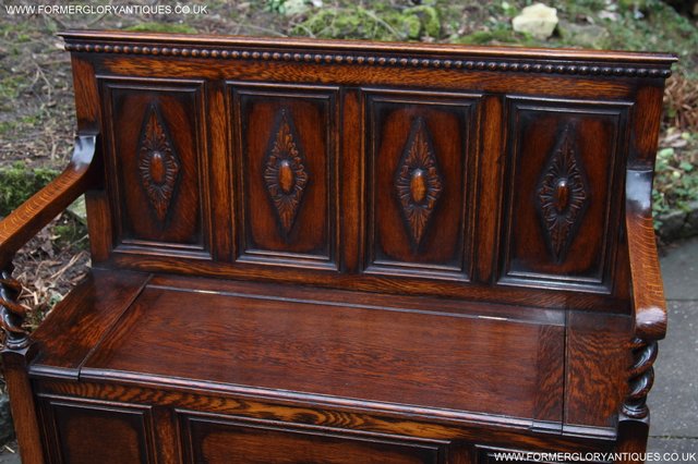 Image 11 of OAK SETTLE ARMCHAIR HALL MONKS BENCH PEW BLANKET CHEST TABLE