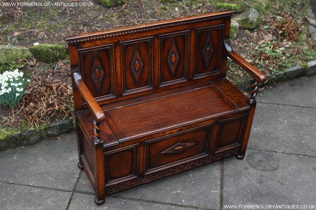 Image 12 of OAK SETTLE ARMCHAIR HALL MONKS BENCH PEW BLANKET CHEST TABLE