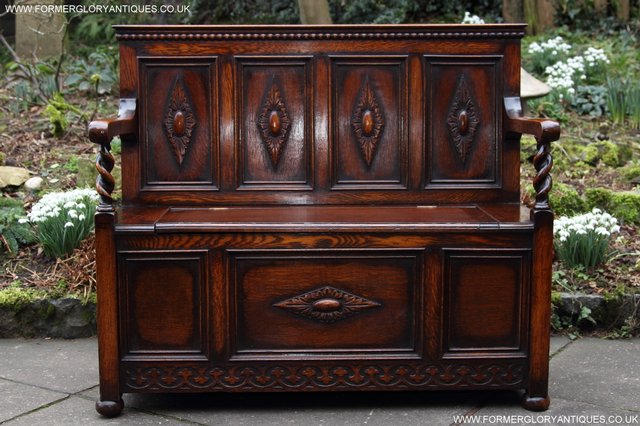 Image 14 of OAK SETTLE ARMCHAIR HALL MONKS BENCH PEW BLANKET CHEST TABLE