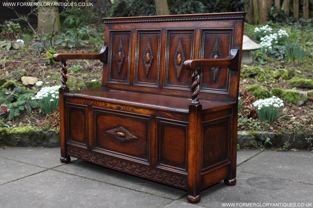 Image 17 of OAK SETTLE ARMCHAIR HALL MONKS BENCH PEW BLANKET CHEST TABLE