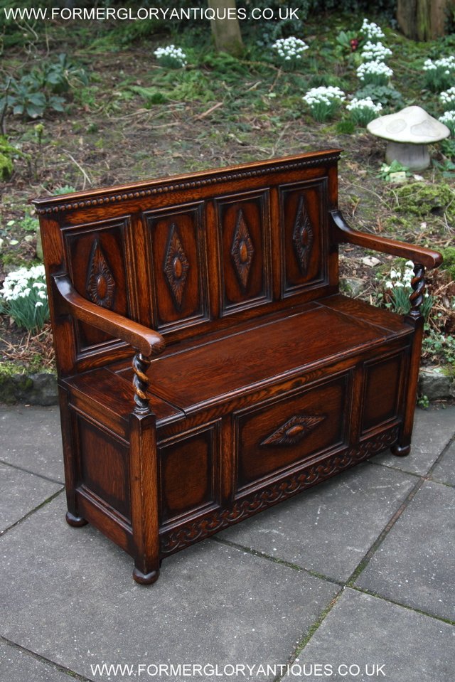 Image 19 of OAK SETTLE ARMCHAIR HALL MONKS BENCH PEW BLANKET CHEST TABLE