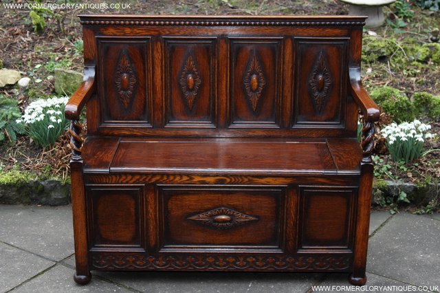 Image 23 of OAK SETTLE ARMCHAIR HALL MONKS BENCH PEW BLANKET CHEST TABLE