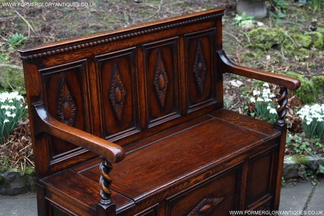 Image 24 of OAK SETTLE ARMCHAIR HALL MONKS BENCH PEW BLANKET CHEST TABLE