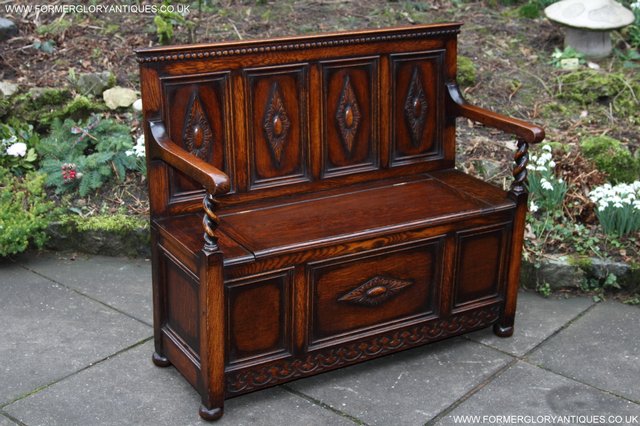 Image 27 of OAK SETTLE ARMCHAIR HALL MONKS BENCH PEW BLANKET CHEST TABLE