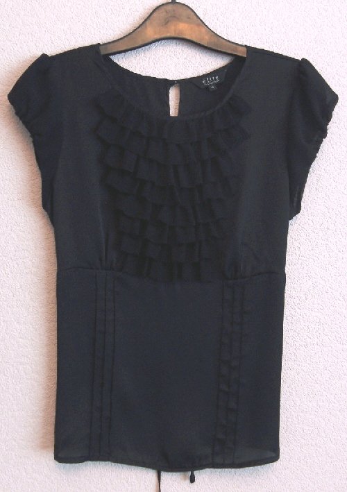 Preview of the first image of PRETTY LADIES BLACK BLOUSE WITH FRILL DETAIL - SZ 10   B22.