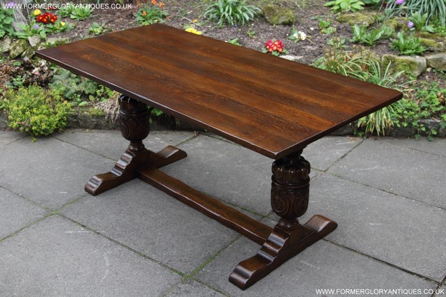 Image 29 of TITCHMARSH GOODWIN CARVED OAK REFECTORY TRESTLE DINING TABLE