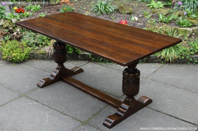 Image 32 of TITCHMARSH GOODWIN CARVED OAK REFECTORY TRESTLE DINING TABLE