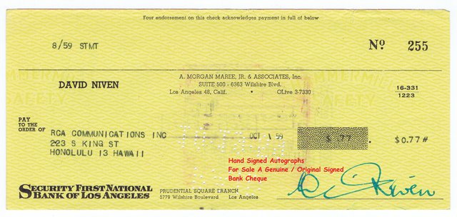 Preview of the first image of David Niven Famous Film Star Actor Hand Signed Cheque/Check.