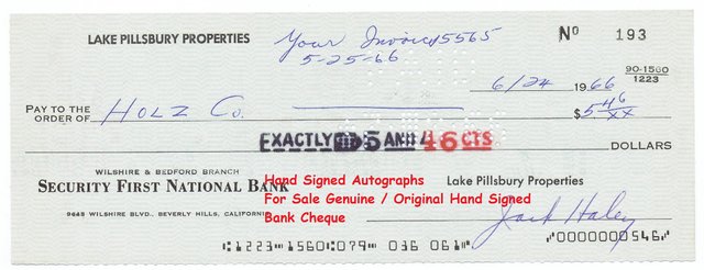 Image 2 of Jack Haley "Tin Man" Wizard of OZ Hand Signed Cheque Rare