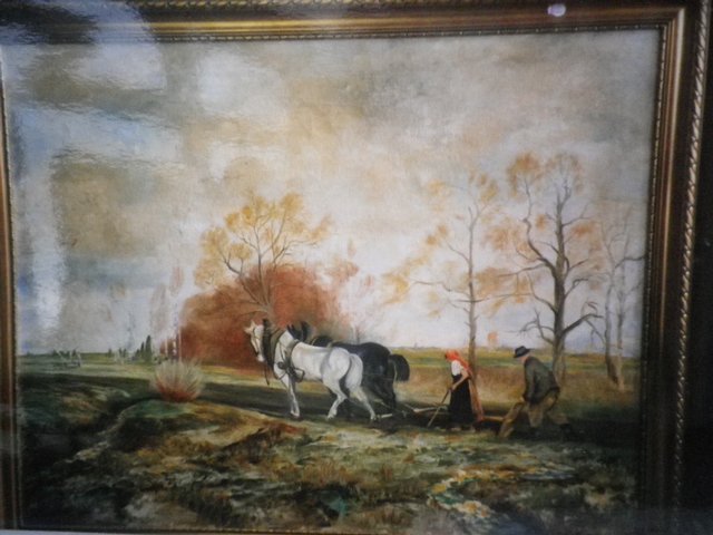 Preview of the first image of Oil Painting of a farmer and his wife ploughing a field.
