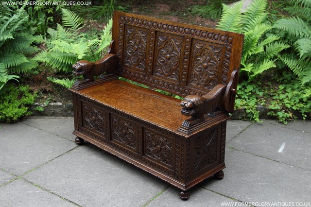 Image 5 of CARVED OAK MONKS BENCH ARMCHAIR HALL SEAT PEW TABLE SETTLE