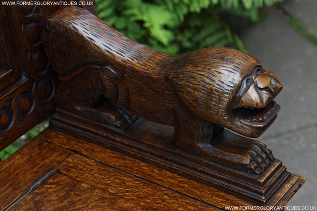 Image 7 of CARVED OAK MONKS BENCH ARMCHAIR HALL SEAT PEW TABLE SETTLE