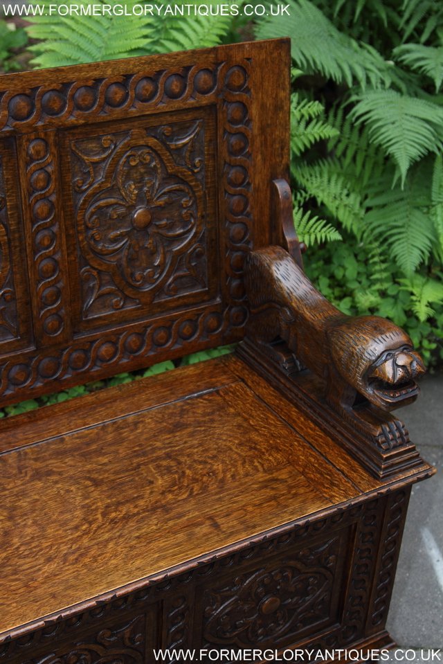 Image 11 of CARVED OAK MONKS BENCH ARMCHAIR HALL SEAT PEW TABLE SETTLE
