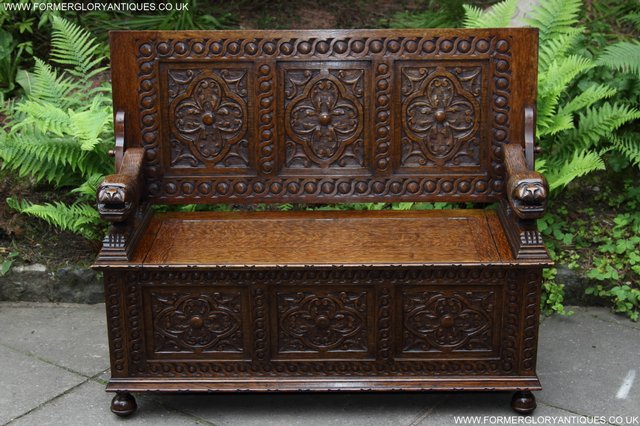 Image 14 of CARVED OAK MONKS BENCH ARMCHAIR HALL SEAT PEW TABLE SETTLE