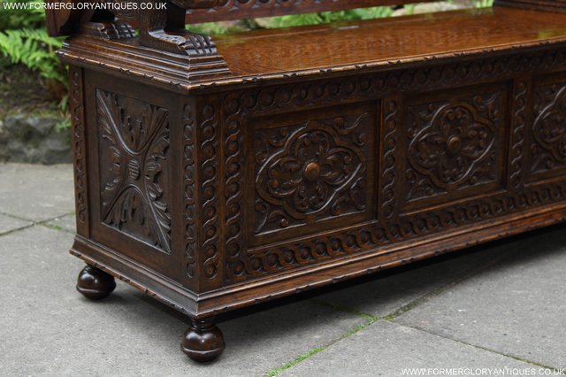 Image 15 of CARVED OAK MONKS BENCH ARMCHAIR HALL SEAT PEW TABLE SETTLE
