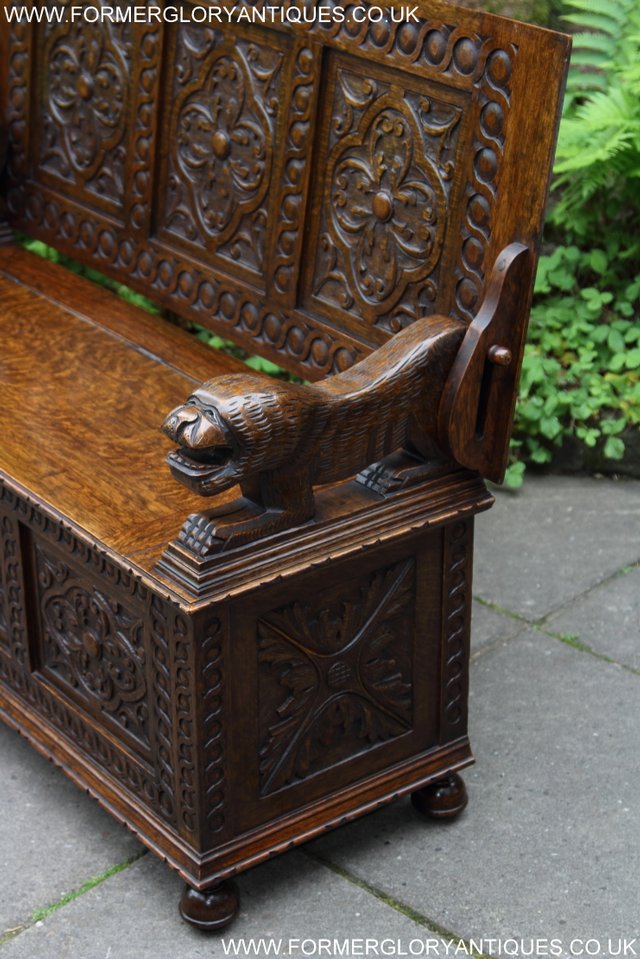 Image 19 of CARVED OAK MONKS BENCH ARMCHAIR HALL SEAT PEW TABLE SETTLE