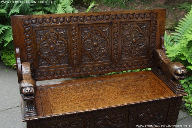 Image 20 of CARVED OAK MONKS BENCH ARMCHAIR HALL SEAT PEW TABLE SETTLE