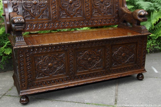 Image 23 of CARVED OAK MONKS BENCH ARMCHAIR HALL SEAT PEW TABLE SETTLE