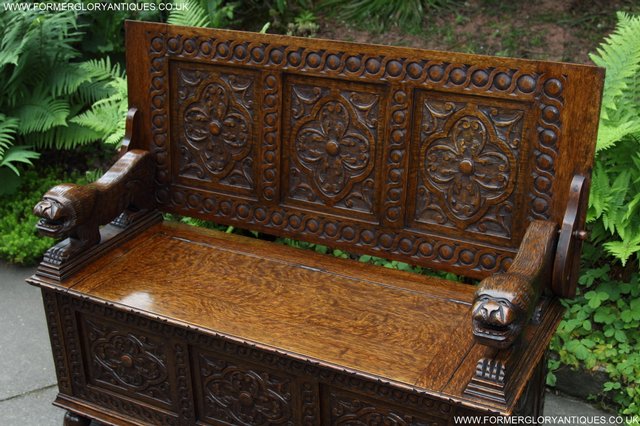 Image 24 of CARVED OAK MONKS BENCH ARMCHAIR HALL SEAT PEW TABLE SETTLE