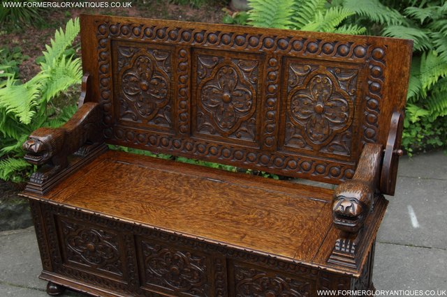 Image 27 of CARVED OAK MONKS BENCH ARMCHAIR HALL SEAT PEW TABLE SETTLE