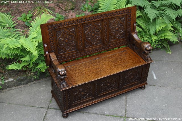 Image 30 of CARVED OAK MONKS BENCH ARMCHAIR HALL SEAT PEW TABLE SETTLE
