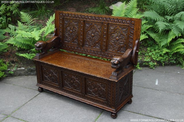 Image 32 of CARVED OAK MONKS BENCH ARMCHAIR HALL SEAT PEW TABLE SETTLE