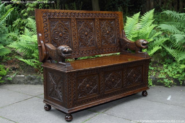 Image 35 of CARVED OAK MONKS BENCH ARMCHAIR HALL SEAT PEW TABLE SETTLE