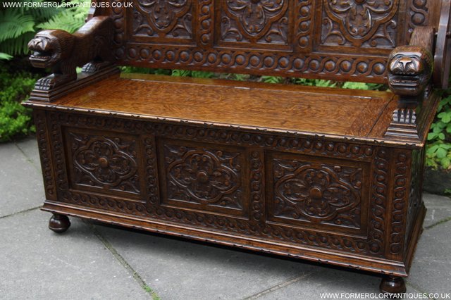 Image 36 of CARVED OAK MONKS BENCH ARMCHAIR HALL SEAT PEW TABLE SETTLE