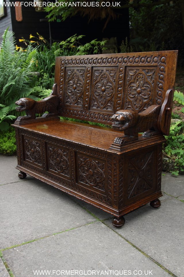 Image 38 of CARVED OAK MONKS BENCH ARMCHAIR HALL SEAT PEW TABLE SETTLE