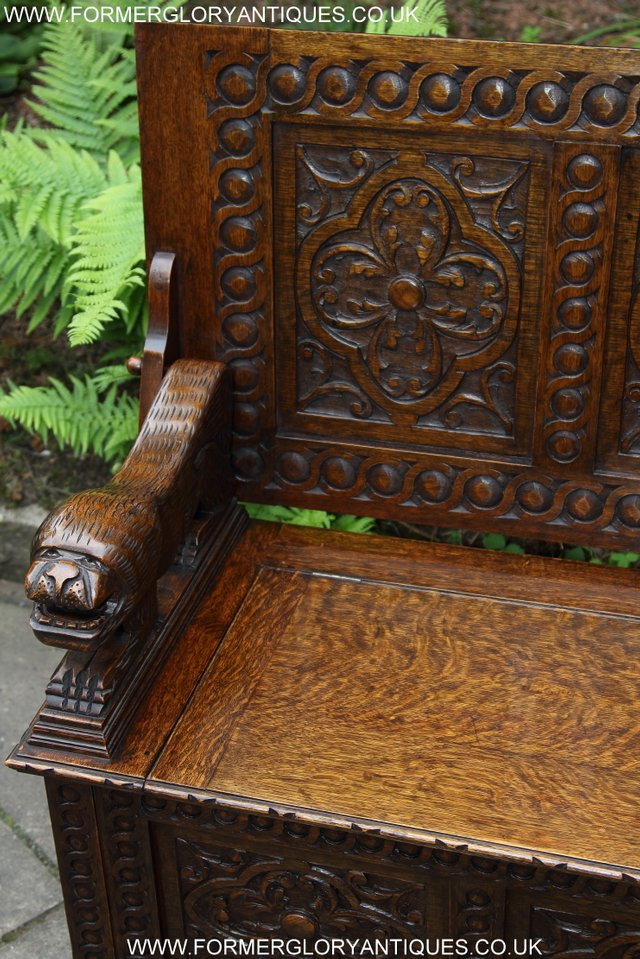 Image 41 of CARVED OAK MONKS BENCH ARMCHAIR HALL SEAT PEW TABLE SETTLE