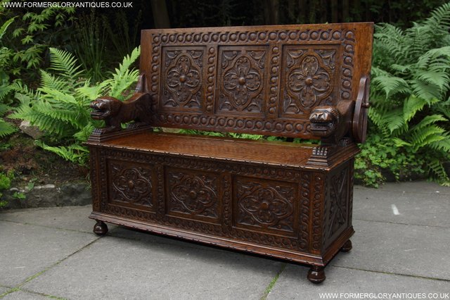 Image 42 of CARVED OAK MONKS BENCH ARMCHAIR HALL SEAT PEW TABLE SETTLE