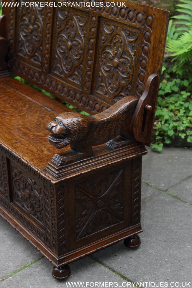 Image 43 of CARVED OAK MONKS BENCH ARMCHAIR HALL SEAT PEW TABLE SETTLE