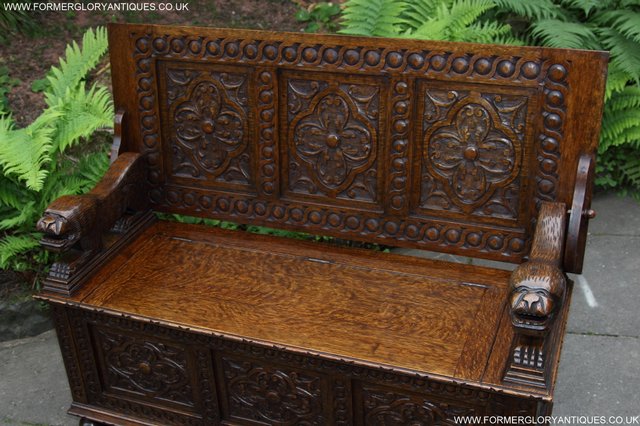 Image 45 of CARVED OAK MONKS BENCH ARMCHAIR HALL SEAT PEW TABLE SETTLE
